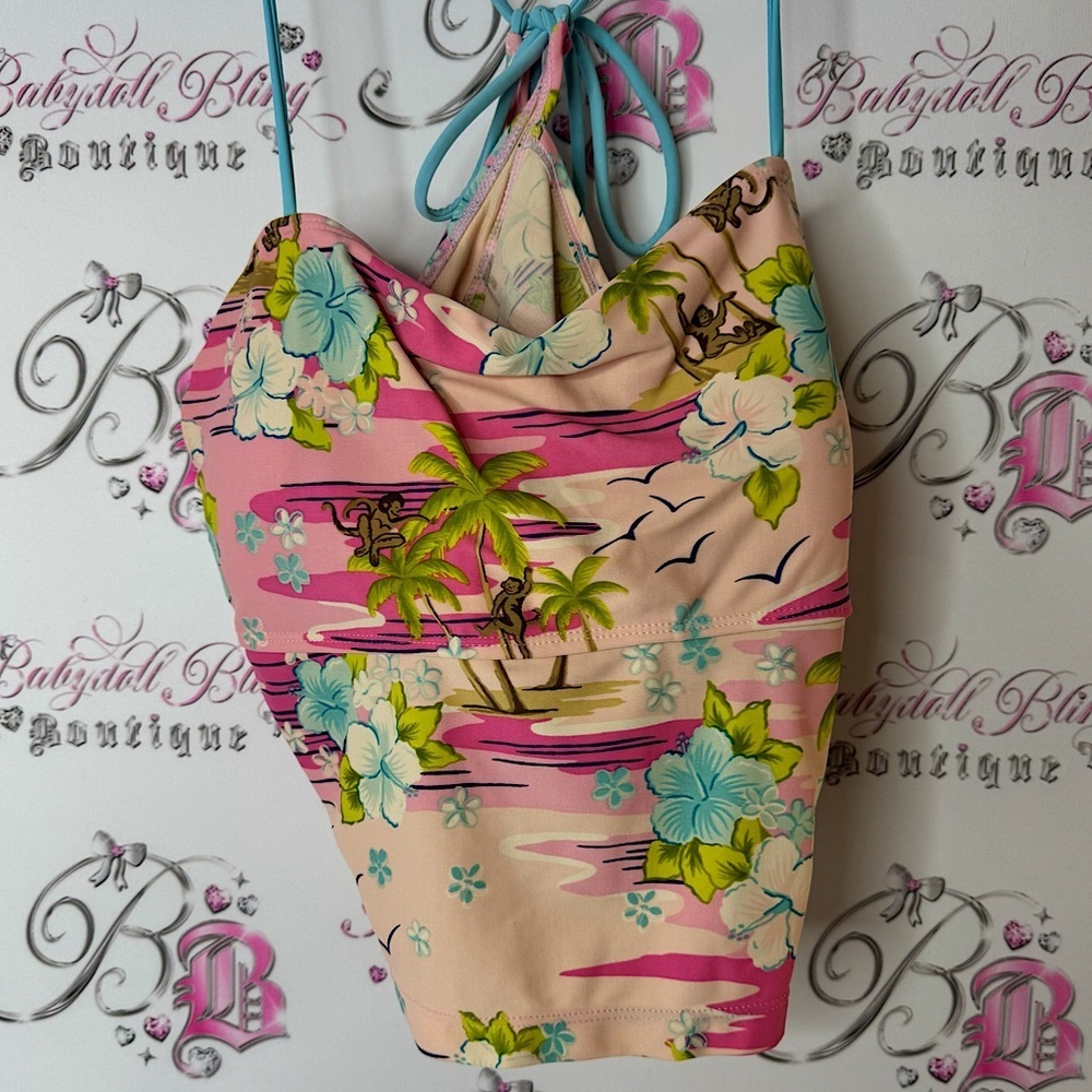 725 originals tankini top monkeys hibiscus vintage Tropical Print Halter Top